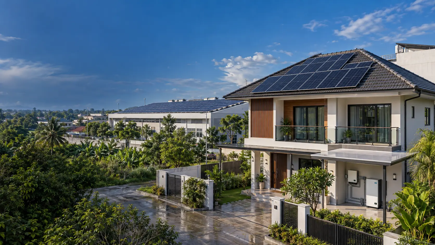 Modern Myanmar-style residence and commercial building with rooftop solar panels, hybrid inverter and battery storage
